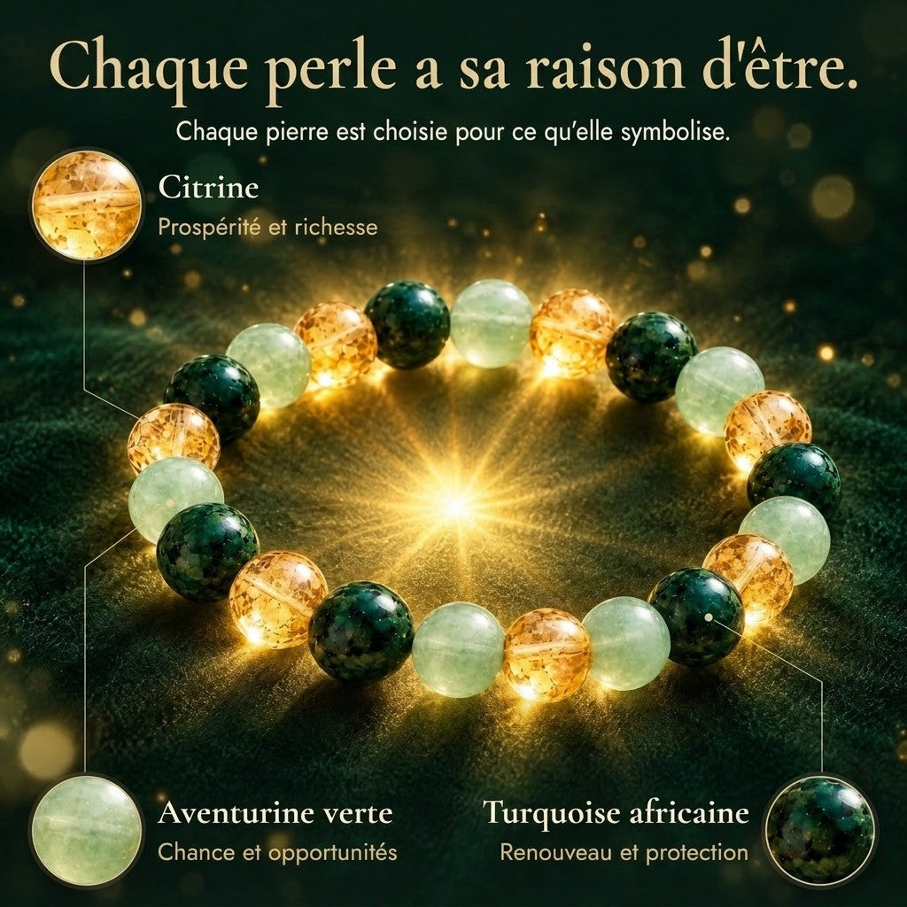 Chaque perle a sa raison d'être : citrine, aventurine verte, turquoise africaine